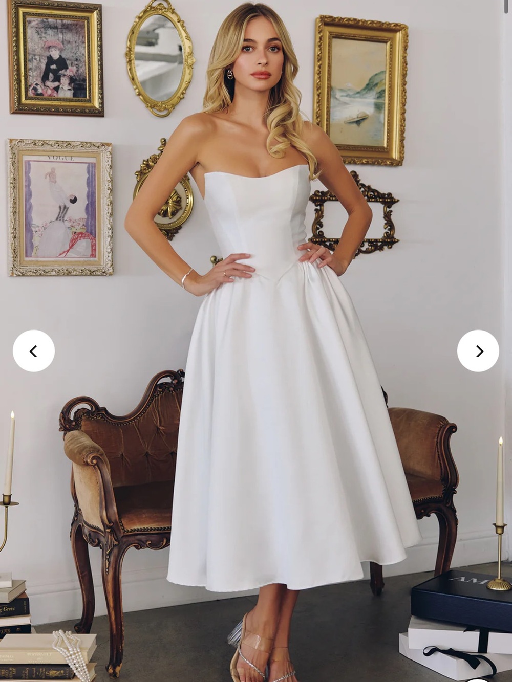 White Mikado Strapless Midi Dress by Amoris T822W